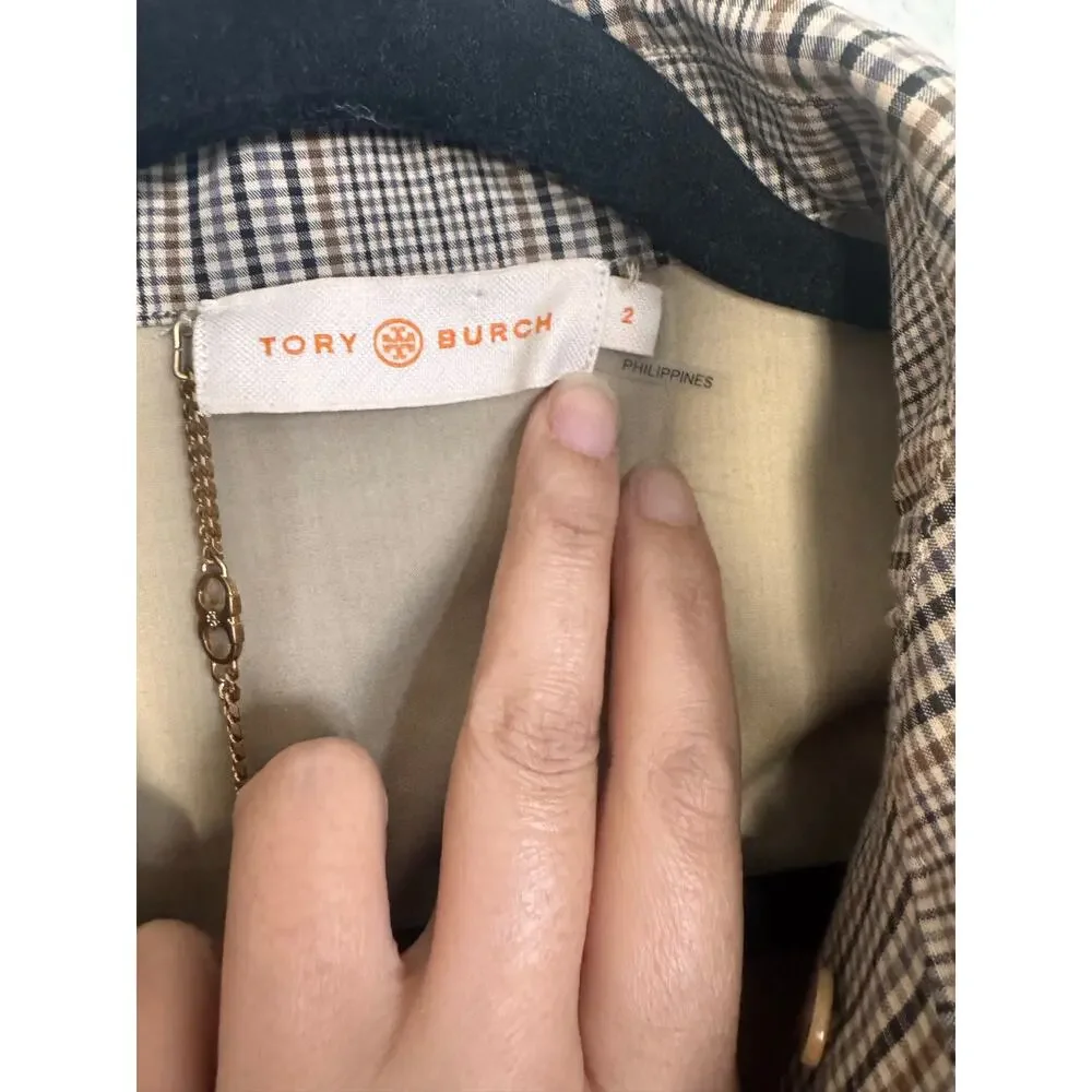 Tory Burch Glen Plaid Belted Trench Coat Leather Trim XS US2